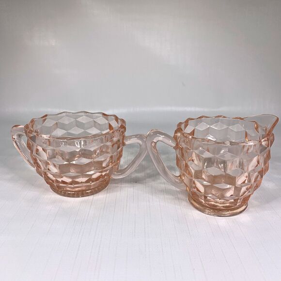 Jeanette Cubist Pink Cream Sugar Depression Glass Small Set Cottage Core Vintage - Picture 3 of 6